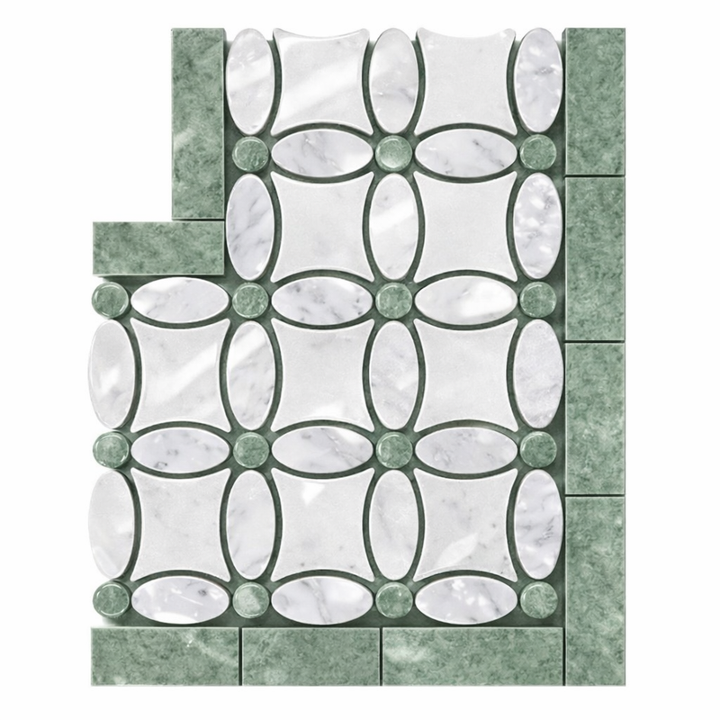 Thassos White (Greek) Marble Polished Tile Florida Flower Border CORNER (Ming Green)
