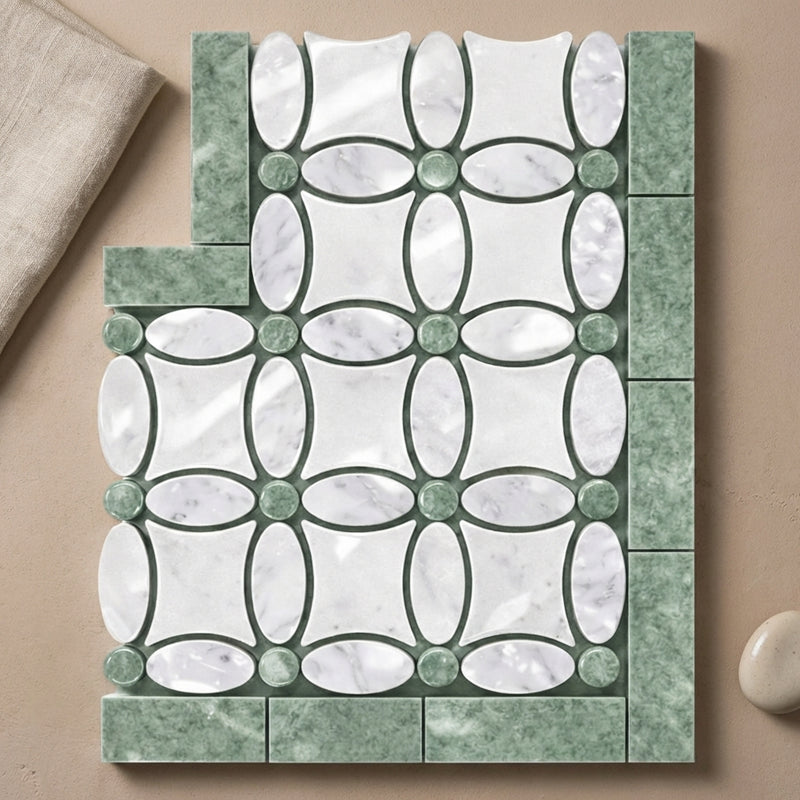Thassos White (Greek) Marble Polished Tile Florida Flower Border CORNER (Ming Green)