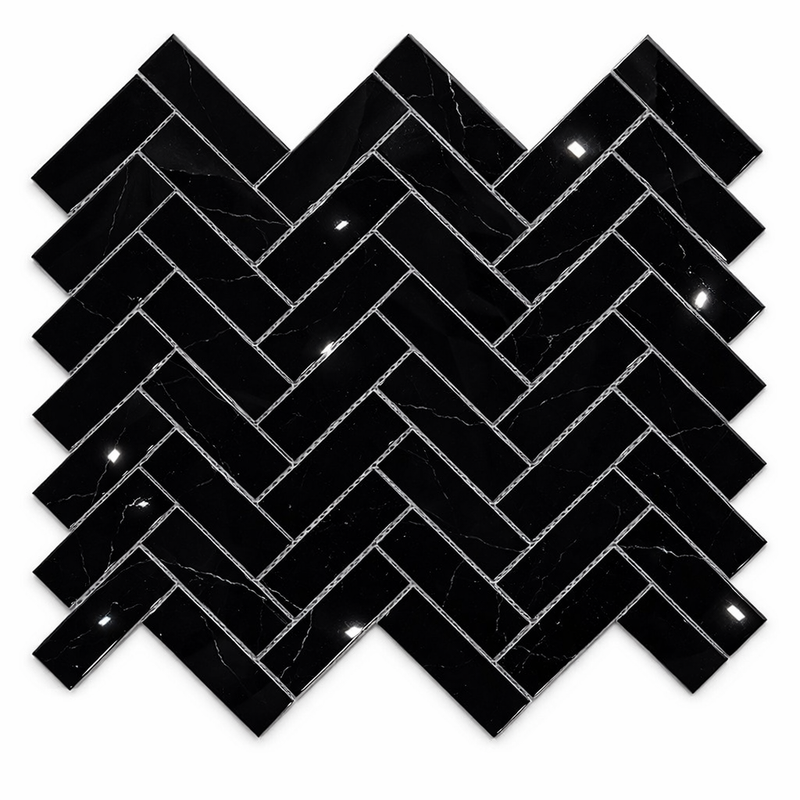 Nero Marquina (Black) Marble 1x3 Polished Herringbone Mosaic