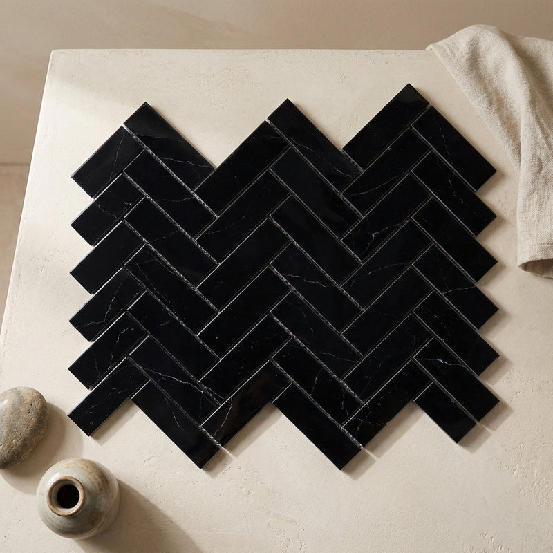 Nero Marquina (Black) Marble 1x3 Polished Herringbone Mosaic