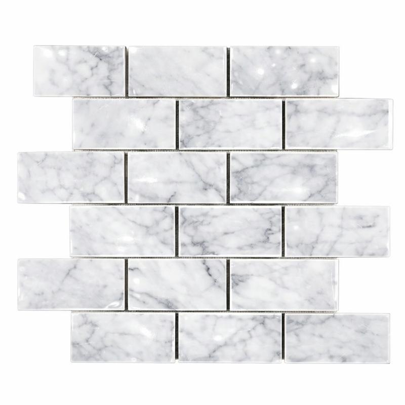 Carrara White (Italian) Marble 2x4 Polished Brick Joint Mosaic Straight-Edged Brick Mosaic