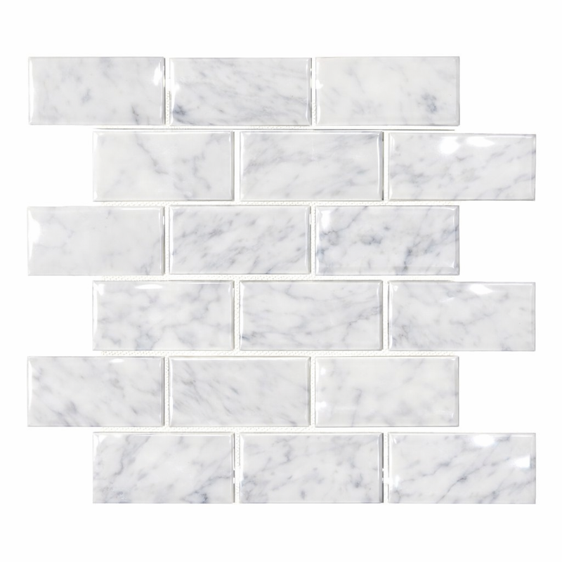 Carrara White (Italian) Marble 2x4 Polished Brick Joint Mosaic Deep-Beveled Brick Mosaic