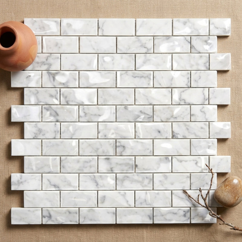 Carrara White (Italian) Marble 1x2 Polished Brick Joint Mosaic Brick Mosaic