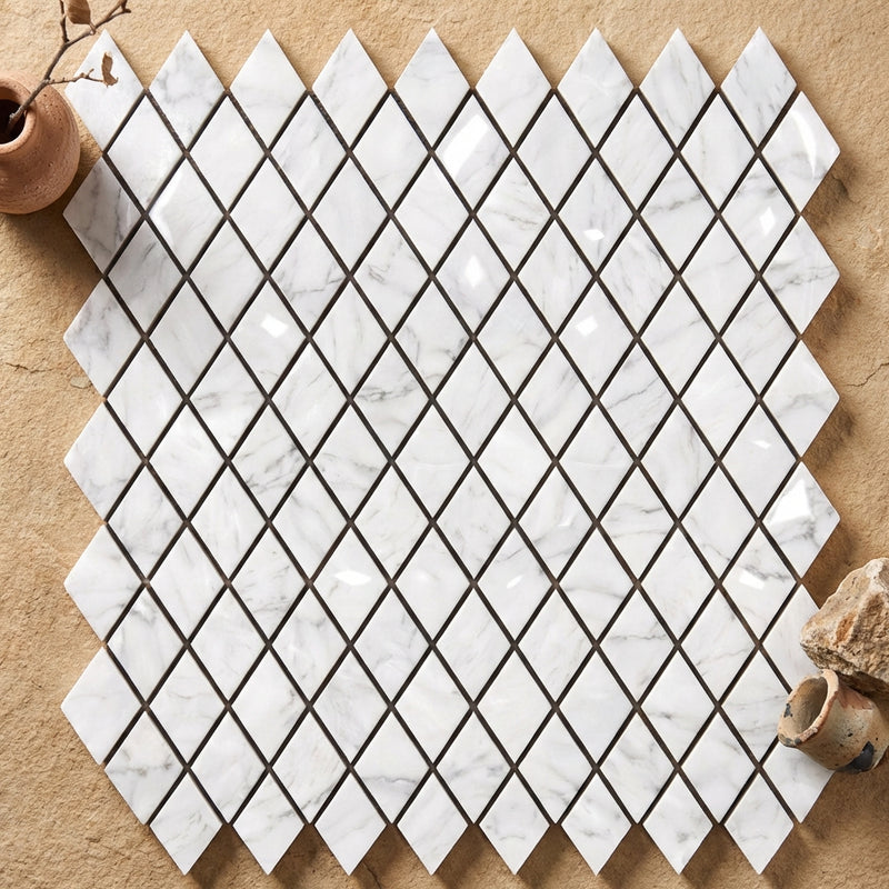Carrara White (Italian) Marble 1x2 Polished Diamond / Rhomboid Mosaic
