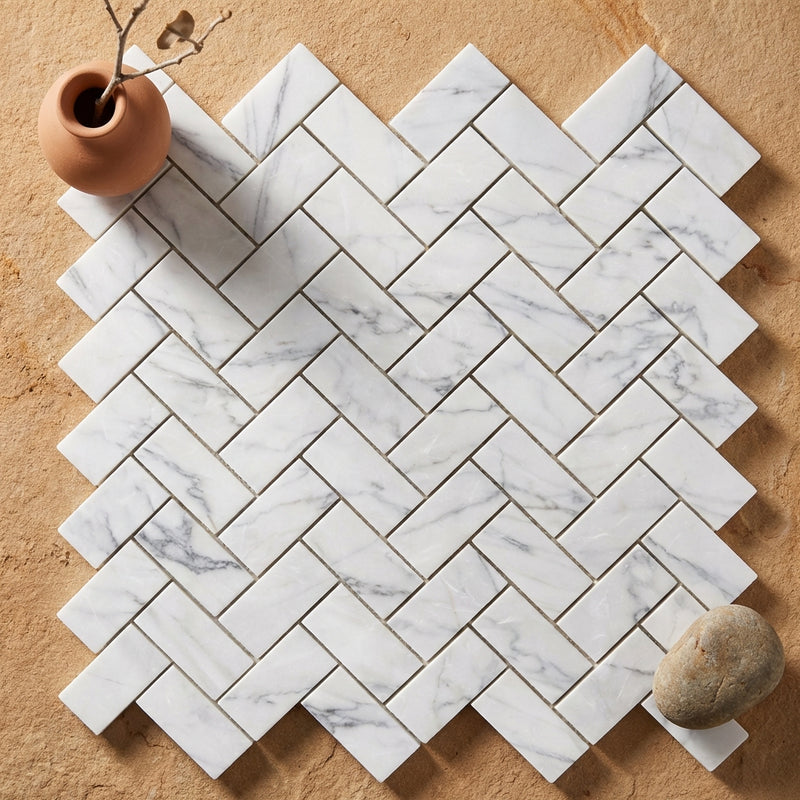 Carrara White (Italian) Marble 1x2 Polished Herringbone Mosaic