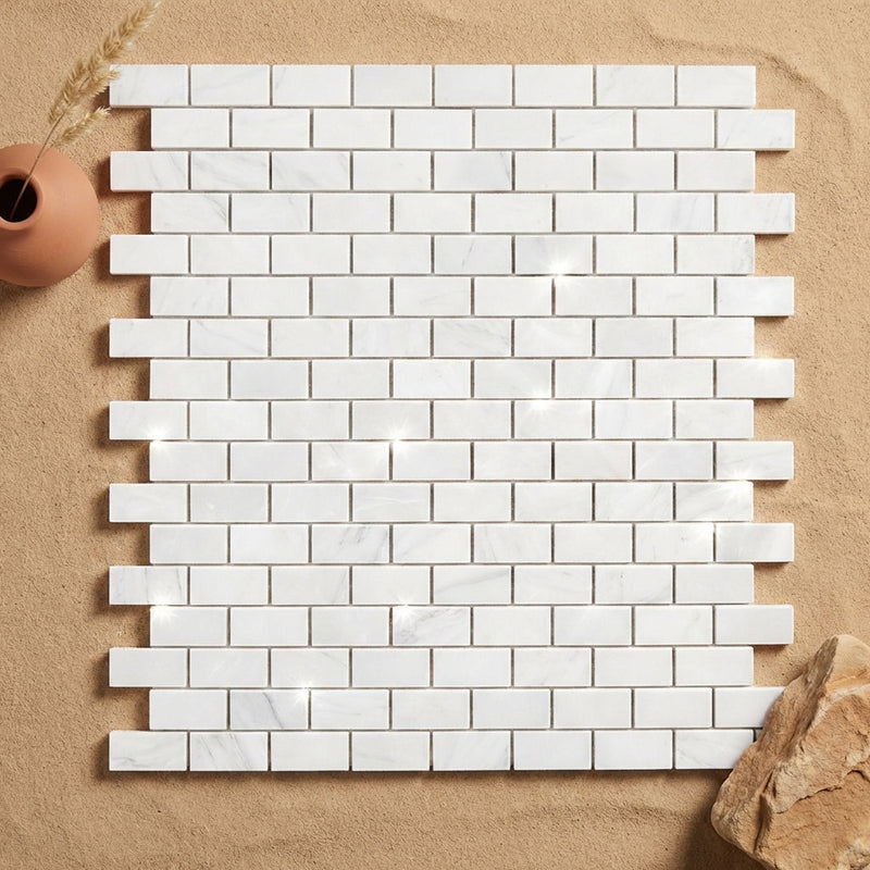 Oriental White (Asian Statuary) Marble 5/8x1 1/4 Polished Brick Joint Mosaic Mini-Brick Mosaic