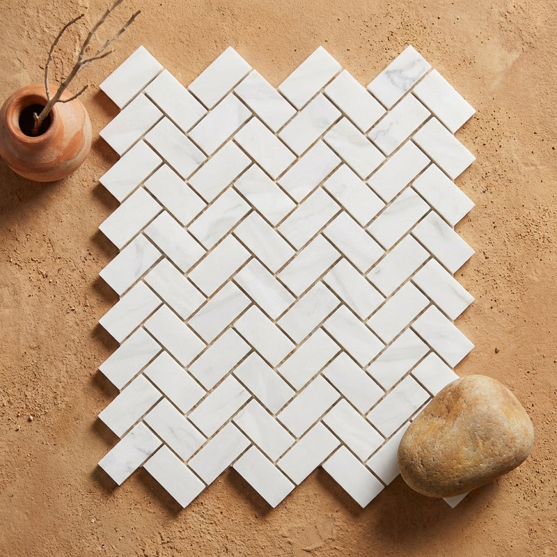 Oriental White (Asian Statuary) Marble 5/8x1 1/4 Polished Herringbone Mosaic Herringbone (Mini) Mosaic