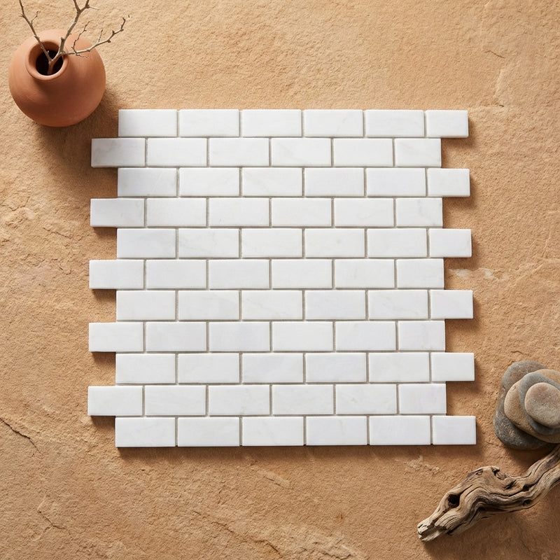 Thassos White (Greek) Marble 1x2 Polished Brick Joint Mosaic Brick Mosaic