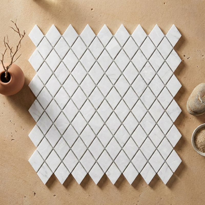 Thassos White (Greek) Marble 1x2 Polished Diamond / Rhomboid Mosaic