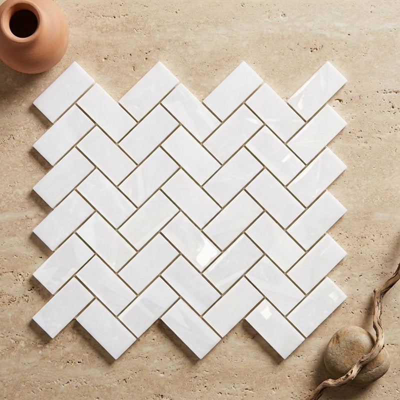 Thassos White (Greek) Marble 1x2 Polished Herringbone Mosaic