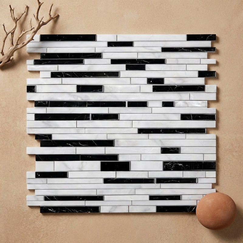 Thassos White (Greek) Marble Polished Bamboo Sticks Mosaic Bamboo Sticks (Thassos + Carrara + Black) Mosaic