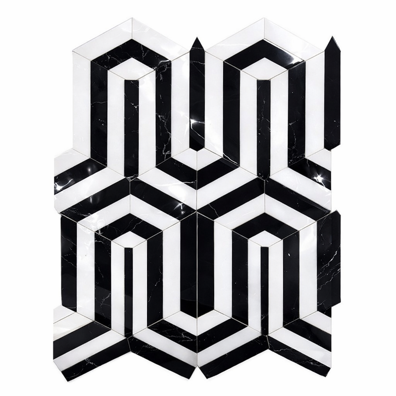 Thassos White (Greek) Marble Polished Mosaic Berlinetta Design (w/ Black)