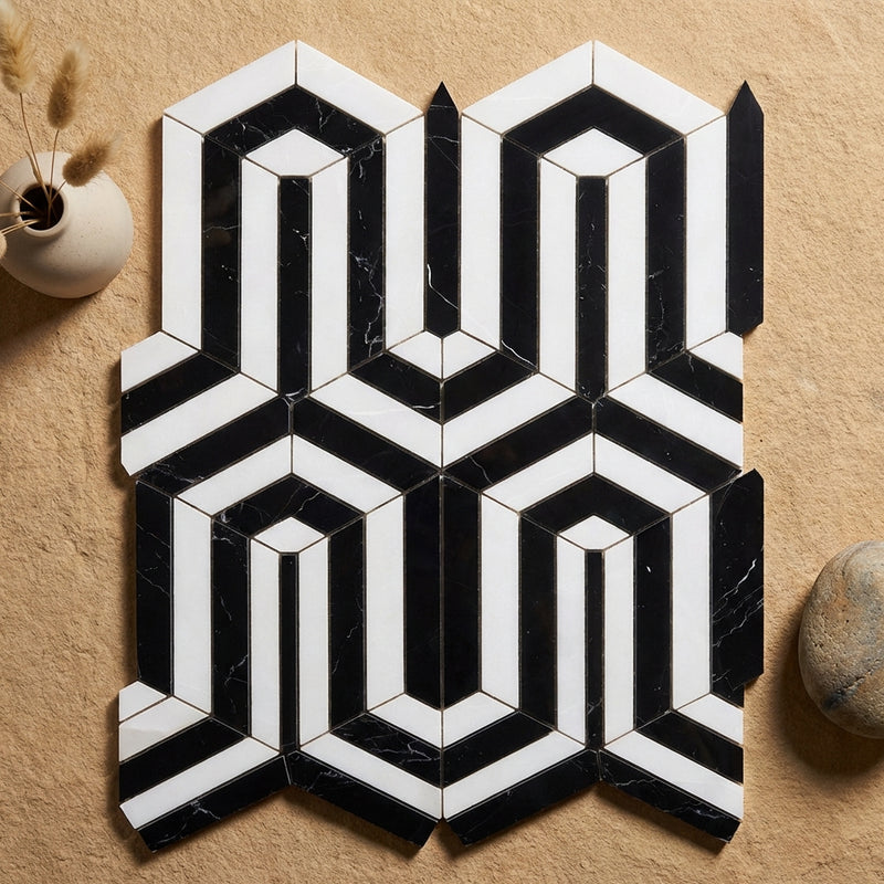 Thassos White (Greek) Marble Polished Mosaic Berlinetta Design (w/ Black)