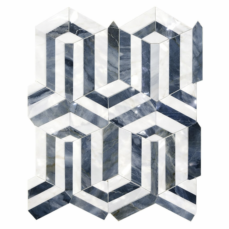 Thassos White (Greek) Marble Polished Mosaic Berlinetta Design (w/ Blue-Gray)