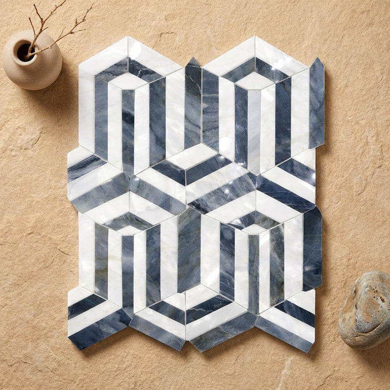 Thassos White (Greek) Marble Polished Mosaic Berlinetta Design (w/ Blue-Gray)
