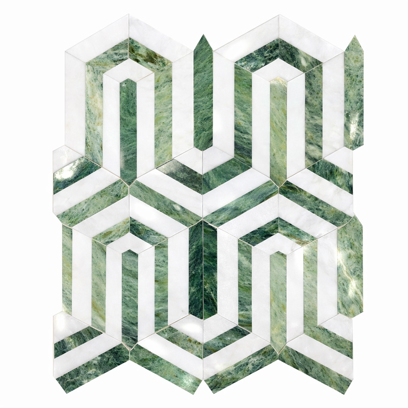 Thassos White (Greek) Marble Polished Mosaic Berlinetta Design (w/ Ming-Green)