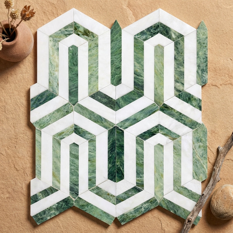 Thassos White (Greek) Marble Polished Mosaic Berlinetta Design (w/ Ming-Green)
