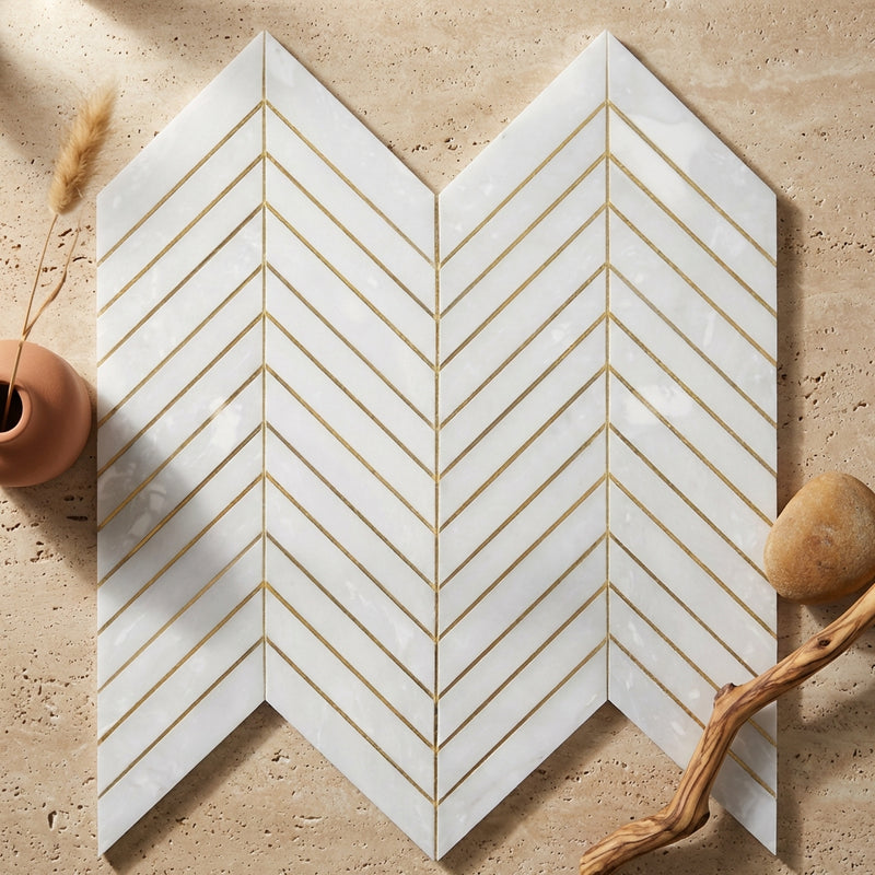 Thassos White (Greek) Marble Polished Chevron Mosaic Chevron (LARGE) (w/ Thassos White)