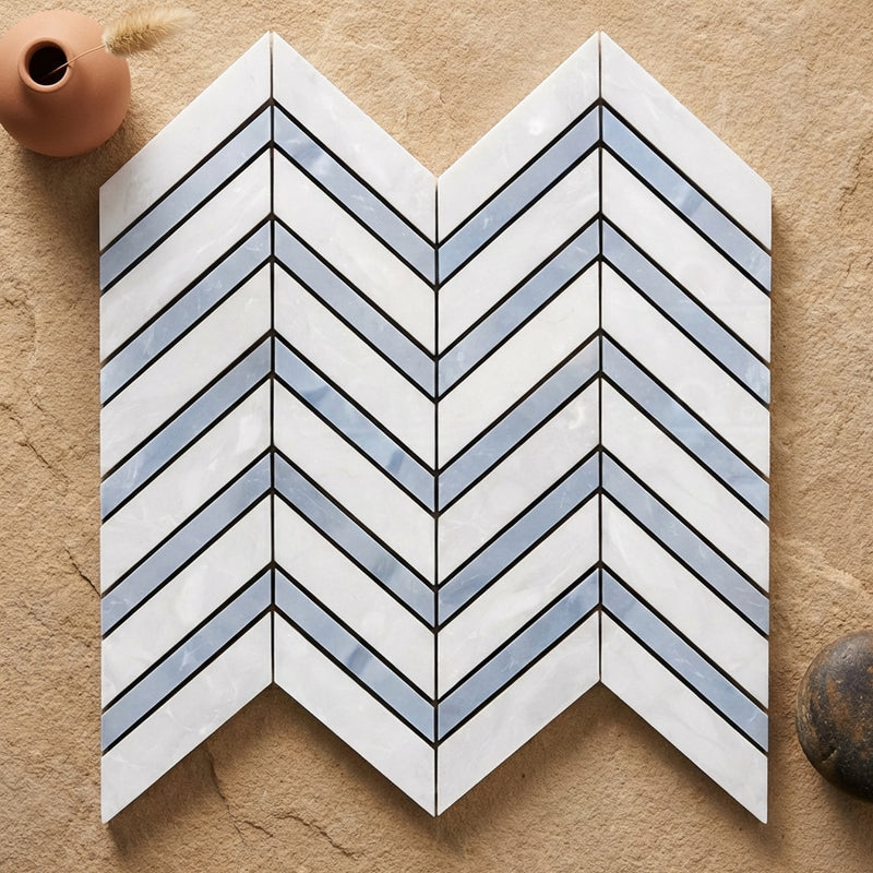 Thassos White (Greek) Marble Polished Chevron Mosaic Chevron (LARGE) (w/ Blue-Gray)
