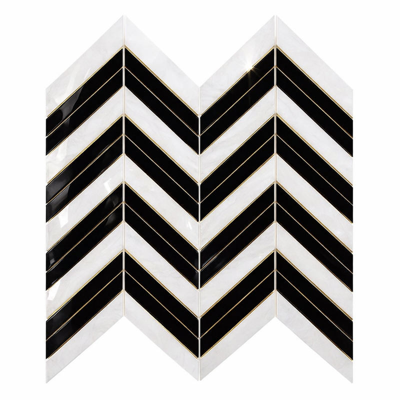 Thassos White (Greek) Marble Polished Chevron Mosaic Chevron (LARGE) (w/ Black)