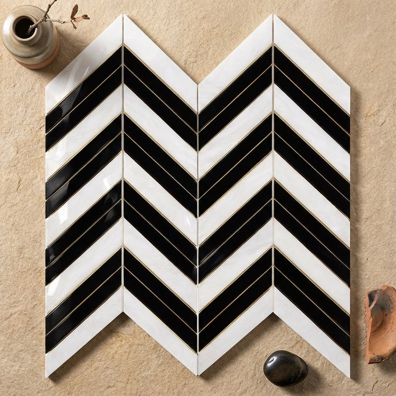 Thassos White (Greek) Marble Polished Chevron Mosaic Chevron (LARGE) (w/ Black)