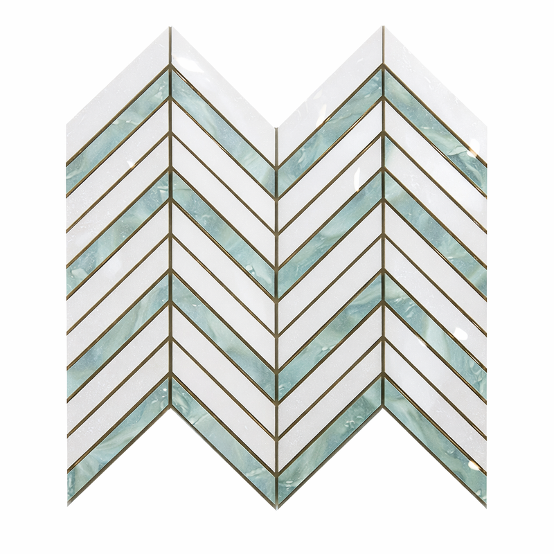 Thassos White (Greek) Marble Polished Chevron Mosaic Chevron (LARGE) (w/ Ming-Green)