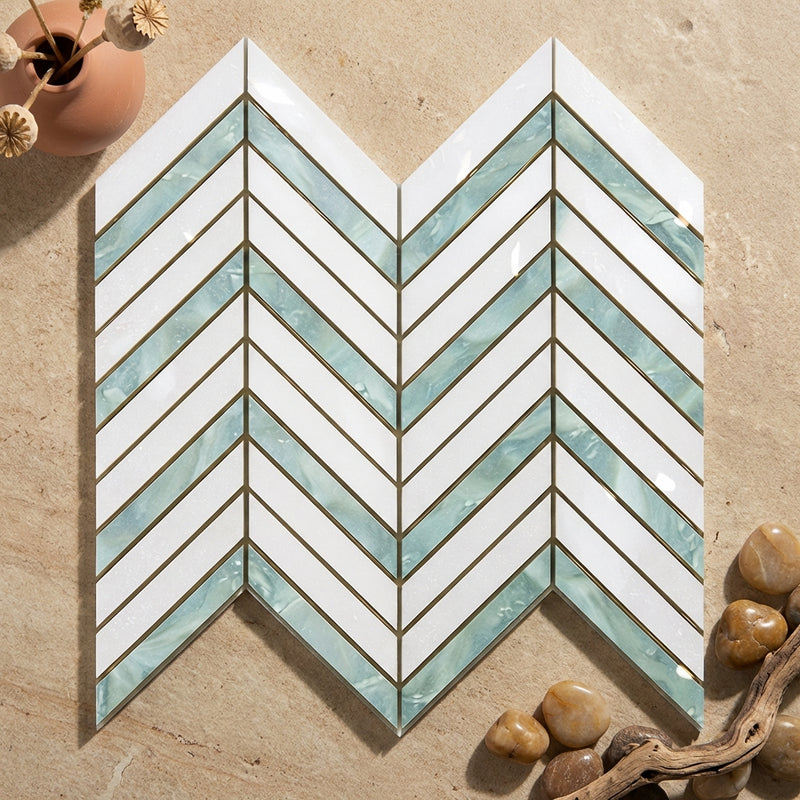 Thassos White (Greek) Marble Polished Chevron Mosaic Chevron (LARGE) (w/ Ming-Green)