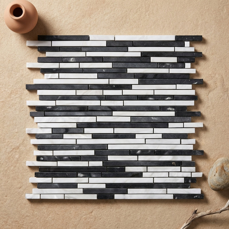 Thassos White (Greek) Marble Polished Bamboo Sticks Mosaic Bamboo Sticks (Thassos + Carrara + Blue-Gray) Mosaic