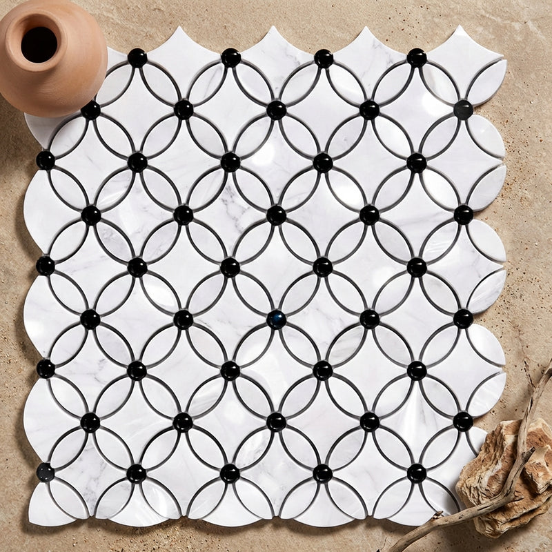 Thassos White (Greek) Marble Polished Florida Flower Mosaic (Thassos + White Carrara (Oval) + Black (Dots))