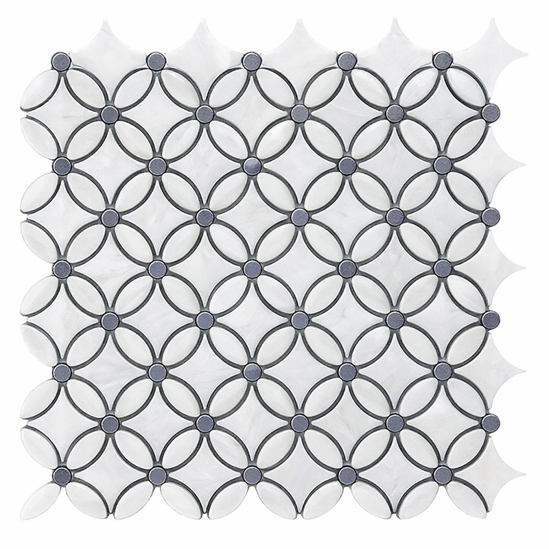 Thassos White (Greek) Marble Polished Florida Flower Mosaic (Thassos + White Carrara (Oval) + Blue-Gray (Dots))