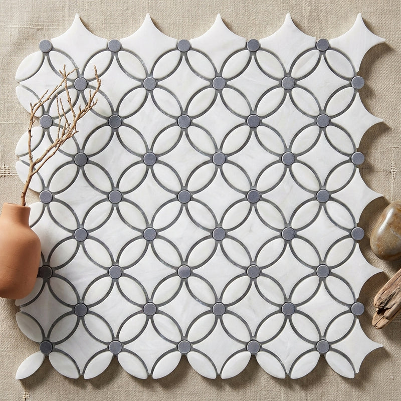 Thassos White (Greek) Marble Polished Florida Flower Mosaic (Thassos + White Carrara (Oval) + Blue-Gray (Dots))