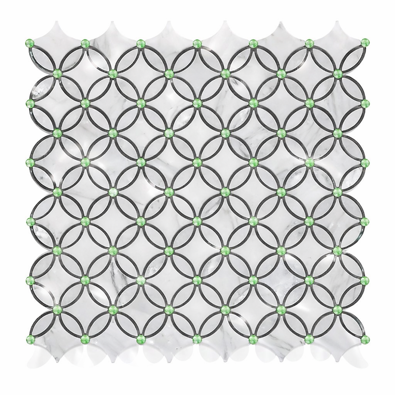 Thassos White (Greek) Marble Polished Florida Flower Mosaic (Thassos + White Carrara (Oval) + Ming Green (Dots))
