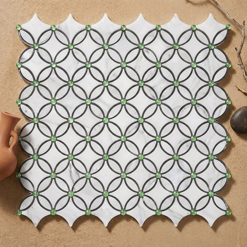 Thassos White (Greek) Marble Polished Florida Flower Mosaic (Thassos + White Carrara (Oval) + Ming Green (Dots))