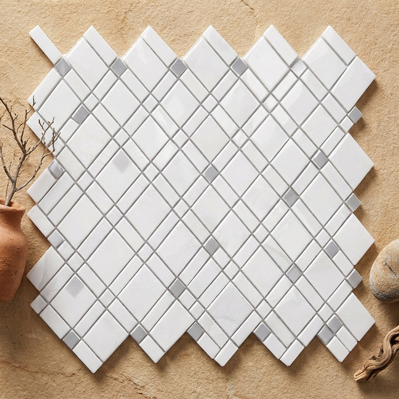 Thassos White (Greek) Marble Polished Mosaic Lattice (Thassos White + Blue-Gray)