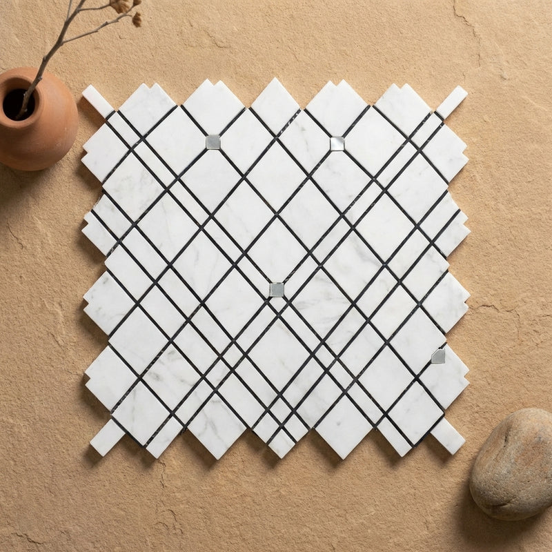 Thassos White (Greek) Marble Polished Mosaic Lattice (Thassos White + Ming-Green)