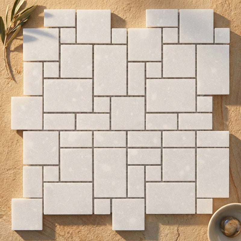 Thassos White (Greek) Marble Polished Mosaic Mini-Versailles Pattern