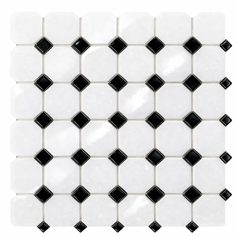 Thassos White (Greek) Marble Polished Octagon Mosaic (w/ Black)