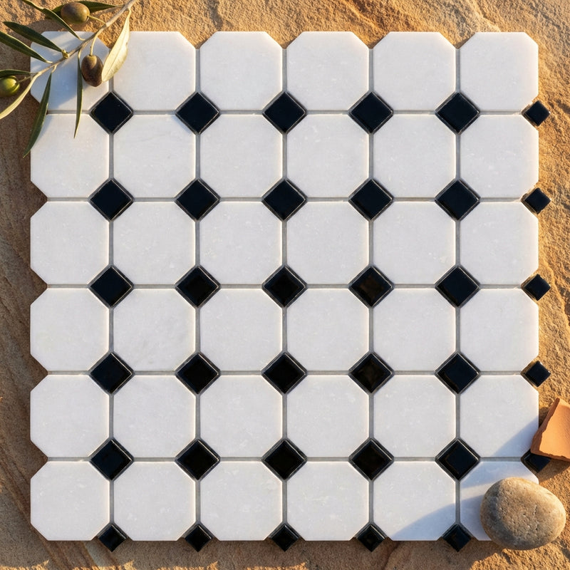 Thassos White (Greek) Marble Polished Octagon Mosaic (w/ Black)