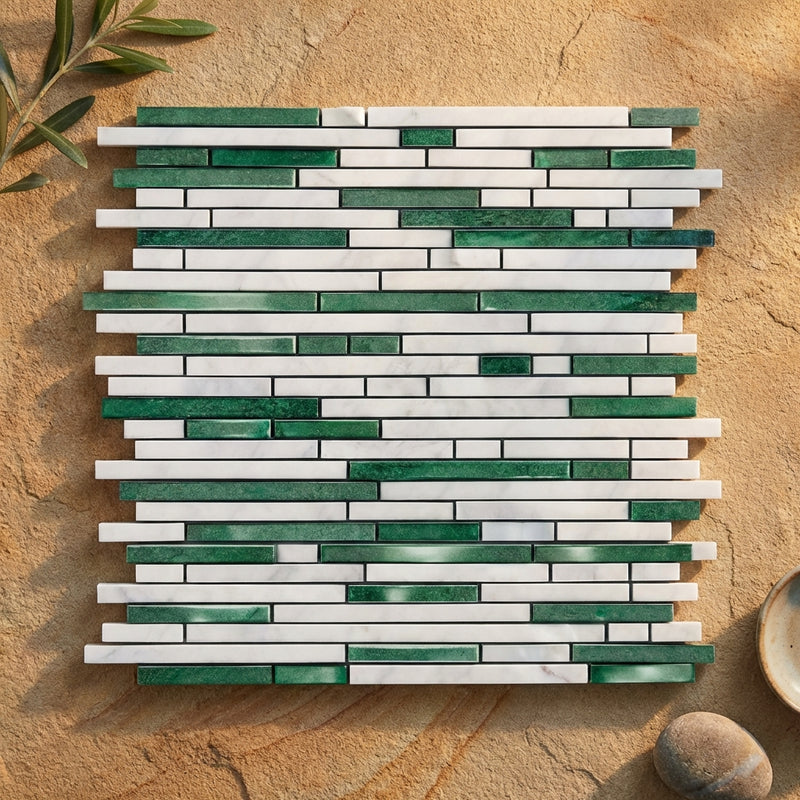 Thassos White (Greek) Marble Polished Bamboo Sticks Mosaic Bamboo Sticks (Thassos + Carrara + Ming Green) Mosaic