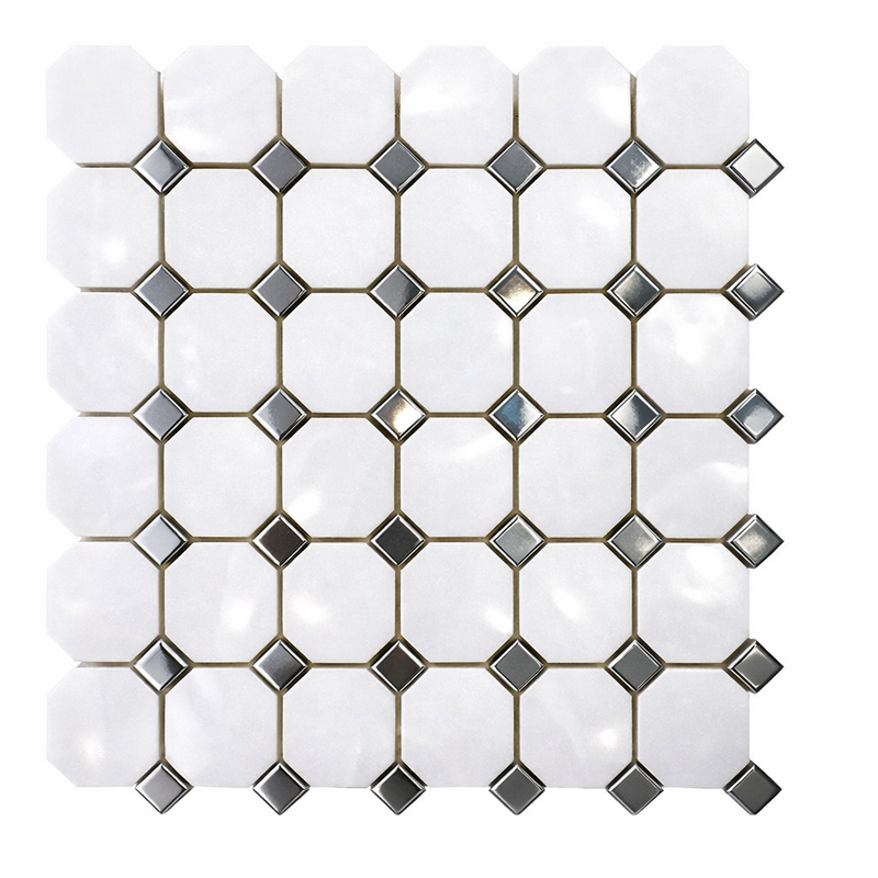 Thassos White (Greek) Marble Polished Octagon Mosaic (w/ Blue-Gray)