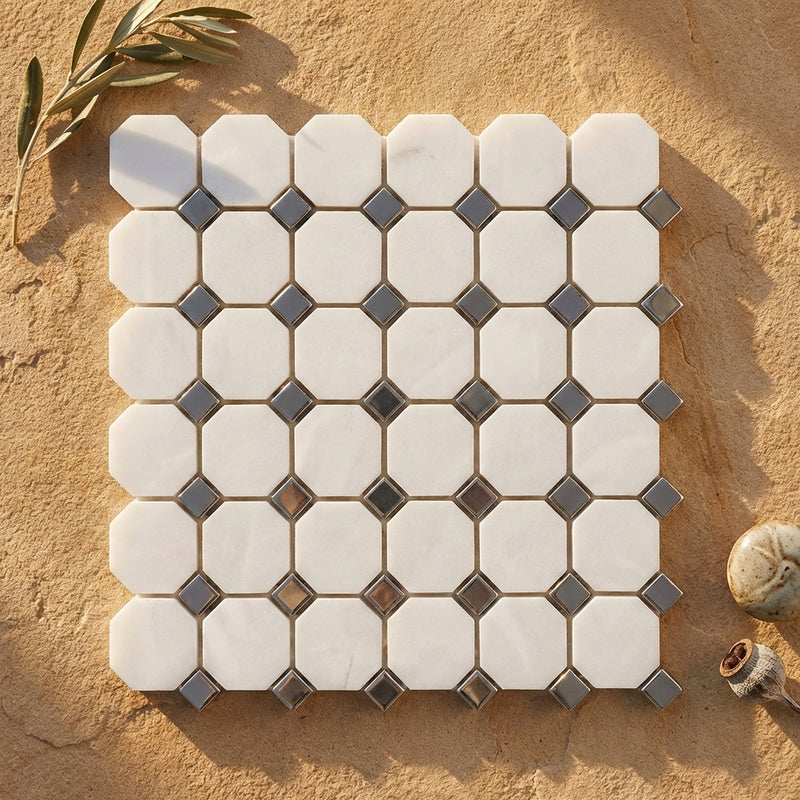 Thassos White (Greek) Marble Polished Octagon Mosaic (w/ Blue-Gray)