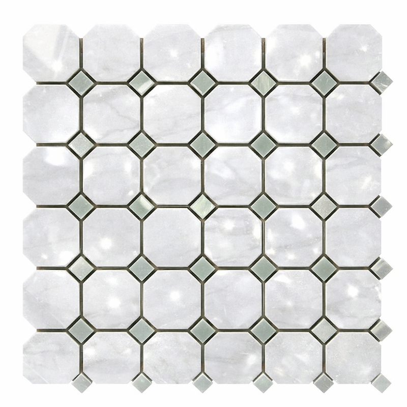 Thassos White (Greek) Marble Polished Octagon Mosaic (w/ Ming Green)