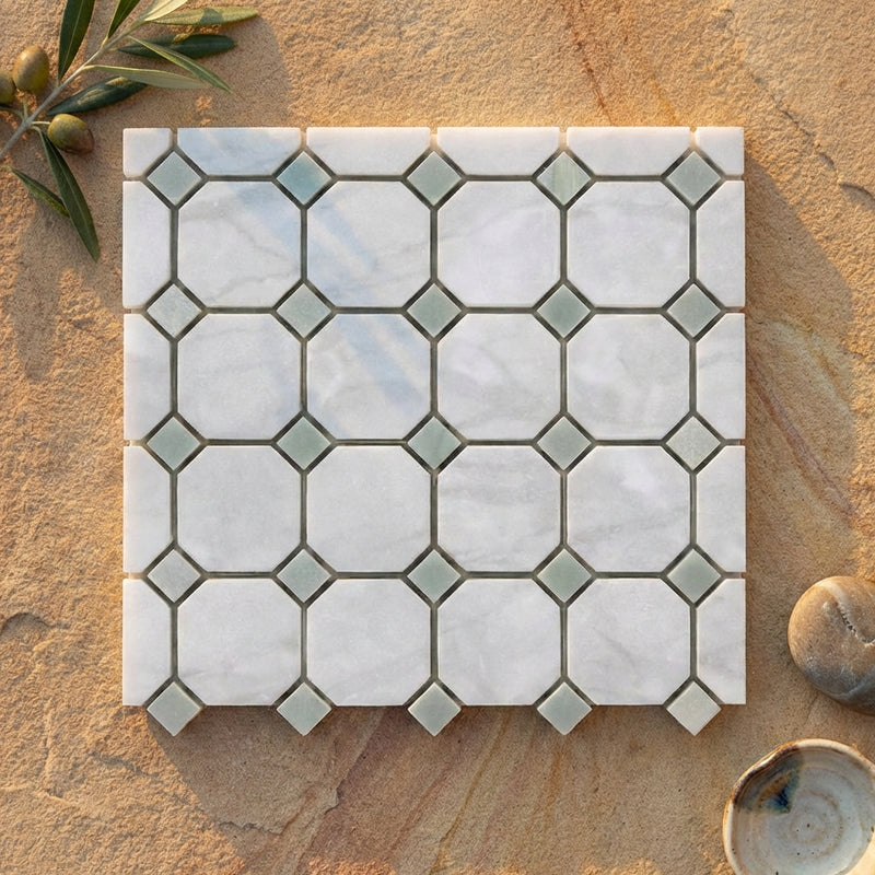 Thassos White (Greek) Marble Polished Octagon Mosaic (w/ Ming Green)