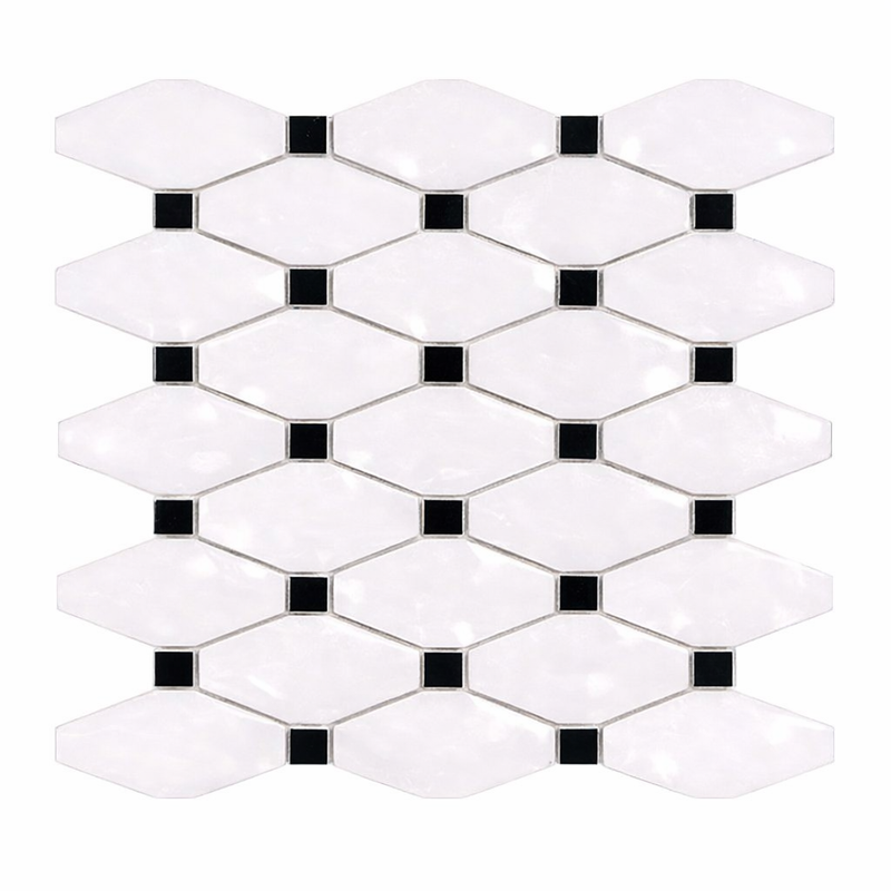 Thassos White (Greek) Marble Polished Octave Mosaic Octave (Long Octagon) Mosaic (w/ Black)