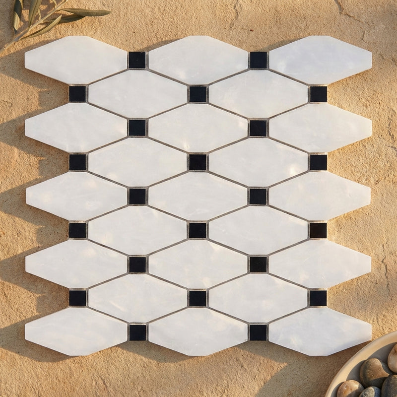 Thassos White (Greek) Marble Polished Octave Mosaic Octave (Long Octagon) Mosaic (w/ Black)