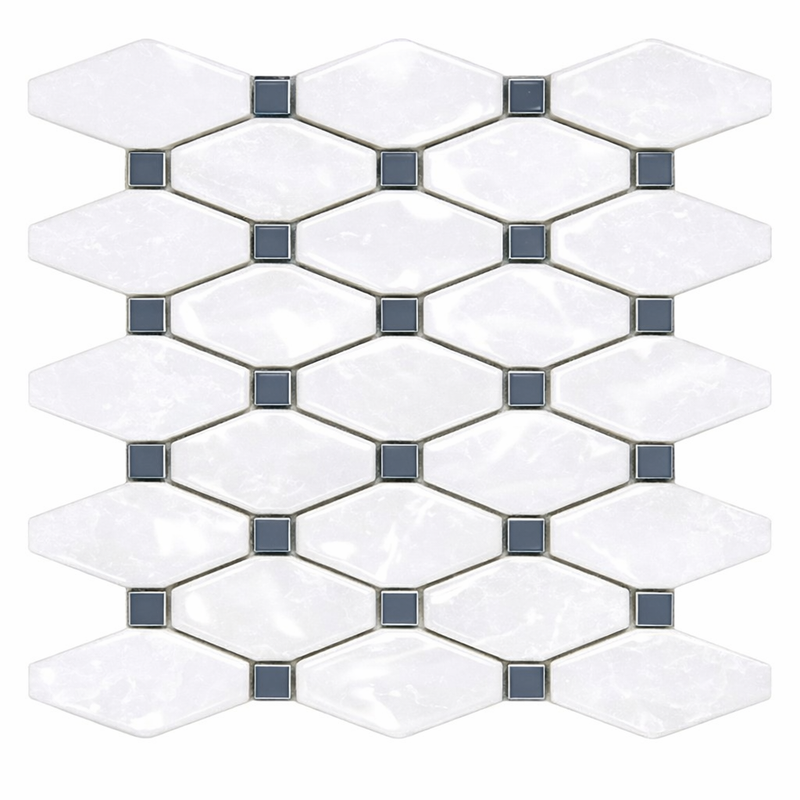 Thassos White (Greek) Marble Polished Octave Mosaic Octave (Long Octagon) Mosaic (w/ Blue-Gray)