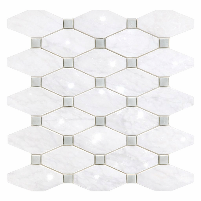 Thassos White (Greek) Marble Polished Octave Mosaic Octave (Long Octagon) Mosaic (w/ Ming Green)