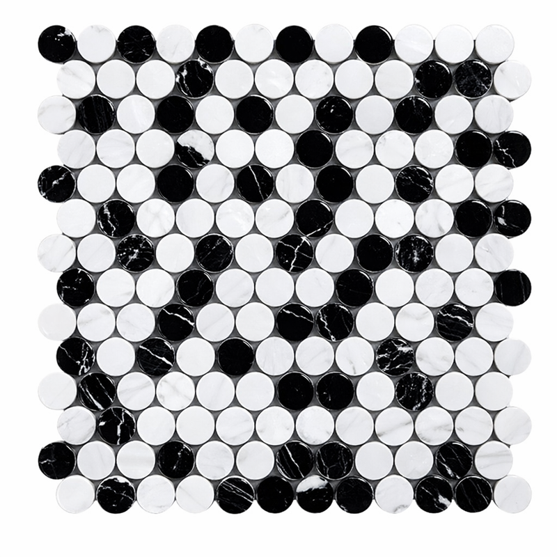 Thassos White (Greek) Marble Polished Penny-Round Mosaic (Carrara + Thassos + Black)