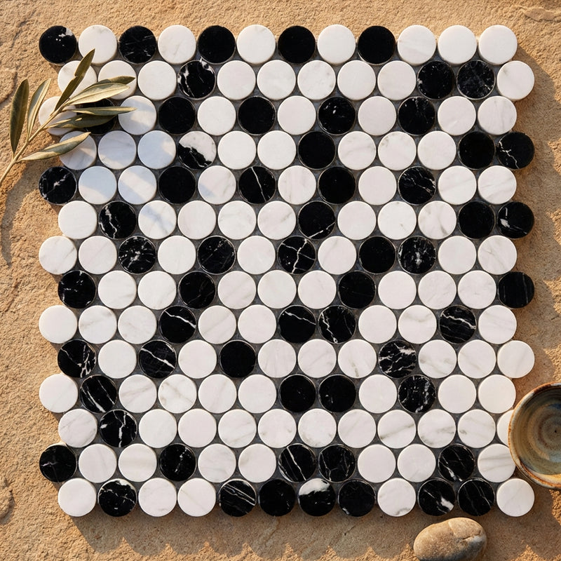 Thassos White (Greek) Marble Polished Penny-Round Mosaic (Carrara + Thassos + Black)