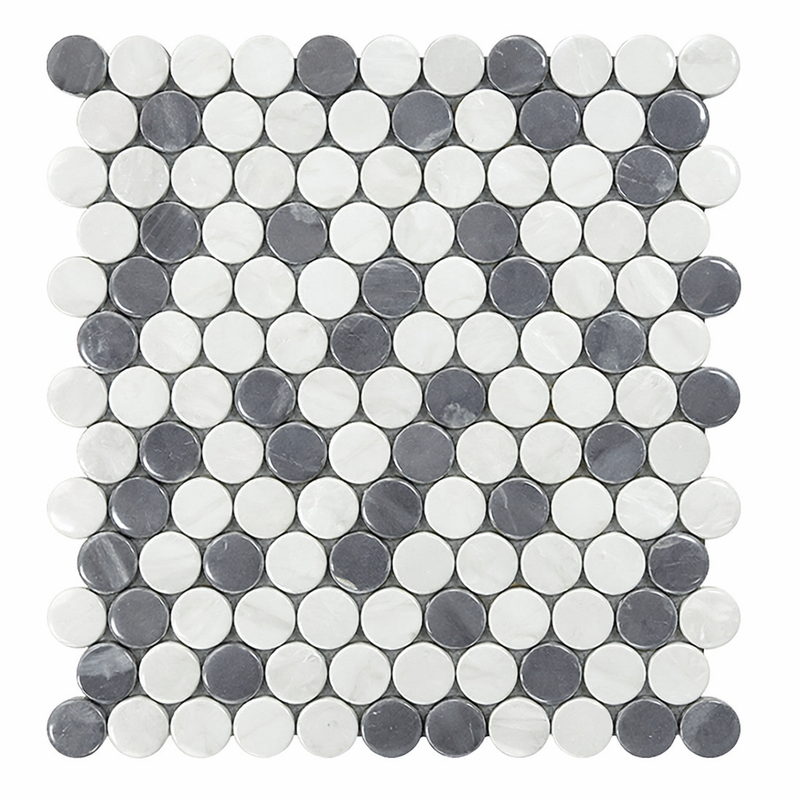 Thassos White (Greek) Marble Polished Penny-Round Mosaic (Carrara + Thassos + Blue-Gray)